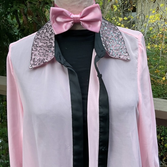 Pink sheer blouse sequins collar black trim valentine’s Day barbiecore spring 2X - Picture 2 of 9